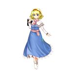  1girl alice_margatroid blonde_hair blue_dress blue_eyes book capelet closed_mouth dress full_body game_cg hairband highres holding holding_book long_sleeves looking_at_viewer perfect_cherry_blossom red_hairband rotte_(1109) simple_background smile solo third-party_source touhou touhou_lost_word wavy_hair white_background white_capelet white_footwear 