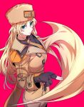  1girl absurdly_long_hair absurdres black_gloves blonde_hair blue_eyes breasts brown_coat coat fur_hat garden27 gloves guilty_gear guilty_gear_strive hat highres large_breasts long_hair long_sleeves looking_at_viewer millia_rage orange_headwear partially_fingerless_gloves pink_background prehensile_hair simple_background ushanka very_long_hair 