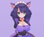  3d_(artwork) animal_humanoid big_breasts black_hair bow_ribbon breasts cat_humanoid clothing cyan_hijirikawa digital_media_(artwork) domestic_cat dress felid felid_humanoid feline feline_humanoid felis female green_eyes hair hands_behind_back hi_res huge_breasts humanoid maid_headdress mammal mammal_humanoid mouth_closed sanrio short_hair show_by_rock!! simple_background yasuki414 