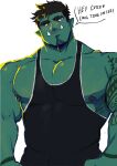  1boy arms_at_sides bara bare_pectorals beard black_bodysuit blue_eyes blush bodysuit colored_skin english_text eyebrow_cut facial_hair goatee_stubble green_skin head_tilt highres huge_pectorals looking_at_viewer male_focus mature_male monster_boy muscular muscular_male nipples orc original pectorals rusl_(ruslorc) ruslorc short_hair singlet solo speech_bubble thick_eyebrows tusks 