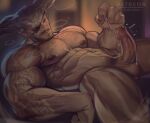  2_horns abs balls bodily_fluids cum dragon_age genital_fluids genitals hi_res holo_eden horn humanoid iron_bull male muscular muscular_humanoid muscular_male nipple_piercing nipples pecs penis piercing qunari solo tattoo 