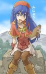  1girl blue_eyes blue_sky book boots fire_emblem fire_emblem:_the_binding_blade highres holding holding_book lilina_(fire_emblem) long_hair looking_at_viewer open_mouth oyster_(artist) sitting sky solo 