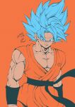  1boy absurdres artist_name biceps black_sash black_wristband blue_eyes blue_hair closed_mouth collarbone commentary_request dougi dragon_ball dragon_ball_super highres looking_at_viewer male_focus muscular muscular_male orange_background pectorals sash seya_(asasei_718) signature simple_background smile smirk solo son_goku spiked_hair super_saiyan super_saiyan_blue v-shaped_eyebrows wristband 