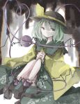  00if00 1girl black_headwear crying green_eyes green_skirt highres komeiji_koishi light_green_hair ribbon sad skirt solo touhou yellow_ribbon 