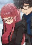  1boy 1girl amamiya_ren black-framed_eyewear black_coat black_hair blue_scarf blurry blush closed_mouth coat commentary_request depth_of_field glasses highres kurosususu long_hair looking_at_another looking_to_the_side outdoors persona persona_5 persona_5_the_royal red_eyes red_hair red_scarf scarf short_hair straight_hair swept_bangs yoshizawa_sumire 