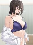  1girl absurdres bare_shoulders black_hair blue_bra blue_eyes blurry blurry_background bra breasts cleavage collarbone hair_between_eyes highres long_sleeves looking_at_viewer mixed-language_commentary off_shoulder open_clothes open_mouth open_shirt original rebutsu shirt short_hair solo underwear upper_body white_shirt 