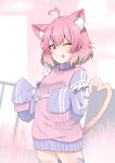  1girl ;p absurdres ahoge aisu_koffie animal_ear_fluff animal_ears bandaid bandaid_on_leg blurry blurry_background cat_ears cat_girl cat_tail commission frills gradient_hair heart heart_ahoge highres indie_virtual_youtuber multicolored_hair multicolored_sweater one_eye_closed pink_hair pink_sweater purple_eyes short_hair sleeves_past_fingers sleeves_past_wrists solo sweater tail tongue tongue_out valefal_coneri 
