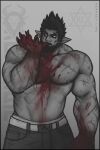  1boy bara beard biting black_sclera black_theme blood blood_on_body blood_on_hands brusi_(iixblacklionxii) colored_sclera cowboy_shot demon_boy eating facial_hair fingernails frown highres iixblacklionxii large_hands large_pectorals looking_at_viewer male_focus mature_male muscular muscular_male navel nipple_piercing nipple_rings nipples original pectorals piercing pointy_ears scar scar_on_arm sharp_fingernails short_hair solo spiked_hair spot_color stomach strongman_waist thick_eyebrows topless_male 