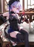  1girl alternate_costume bat_wings black_dress black_gloves black_headwear black_thighhighs blue_bow blurry blurry_background bow closed_mouth commentary_request couch crossed_legs cup dress drinking_glass elbow_gloves feet_out_of_frame gloves highres holding holding_cup indoors looking_at_viewer purple_hair red_eyes remilia_scarlet shironeko_yuuki short_hair sitting smile solo thighhighs touhou wings 