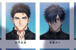  2boys bara black_hair blue_eyes burn_scar character_name closed_mouth domo_(domo_kizusuki) eyelashes grey_eyes hair_over_one_eye kokado_shido_(domo) kokuryu_kai_(domo) looking_at_viewer male_focus multiple_boys original portrait scar scar_across_eye scar_on_face school_uniform short_hair sideburns simple_background smile spiked_hair toned toned_male translated yearbook 