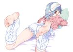  1girl aran_sweater bloomers blue_hair blunt_bangs blush cable_knit commentary_request covered_mouth feet foot_focus from_behind glasses hyodou_shizuku idoly_pride legs_apart long_hair looking_at_viewer looking_back lying no_shoes object_hug off_shoulder on_stomach pillow pillow_hug pink_sweater plum_(arch) red_eyes ribbed_socks ribbed_sweater round_eyewear sidelocks simple_background skirt sleep_mask socks soles solo straight_hair sweater the_pose thighs toes underwear white_background white_bloomers white_skirt white_socks 