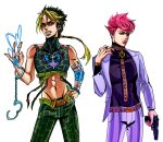  2boys abs black_hair blonde_hair braid crop_top detached_sleeves formal genderswap genderswap_(ftm) green_eyes groin gun hand_in_own_hair handcuff_dangle handgun highres jojo_no_kimyou_na_bouken kujo_jolyne male_focus midriff mrg_dm multicolored_hair multiple_boys necktie pink_hair shirt sleeveless sleeveless_turtleneck spider_web_print stand_(jojo) stone_free stone_ocean string suit suit_jacket tight tight_shirt trish_una turtleneck two-tone_hair vento_aureo weapon 