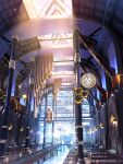  absurdres architecture blue_sky ceiling clock cloud commentary_request fantasy highres instrument interior lamppost light original pipe_organ recorder scenery sky smile_(qd4nsvik) train train_station train_station_platform vanishing_point 
