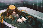  1girl bathing bathtub bow brown_hairband green_eyes hair_bow hairband highres ishmael_(limbus_company) limbus_company long_hair looking_to_the_side msx_(mis4xi) orange_hair project_moon sitting solo tile_wall tiles very_long_hair white_bow 