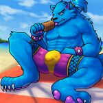  anthro beach blue_body blue_fur canid canine canis clothing dessert feet food foot_focus fur haha-yea hi_res ice_cream lupin_(town_of_salem_2) male mammal seaside solo swimwear were werecanid werecanine werewolf wolf 