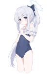  1girl bare_shoulders blue_archive blue_bow blue_halo blue_one-piece_swimsuit blush bow casual_one-piece_swimsuit closed_mouth collarbone commentary covered_navel cram960 cropped_legs frilled_one-piece_swimsuit frills grey_hair hair_between_eyes hair_bow halo hands_on_own_chest hands_up highres long_hair looking_at_viewer miyako_(blue_archive) miyako_(swimsuit)_(blue_archive) off-shoulder_one-piece_swimsuit off_shoulder official_alternate_costume one-piece_swimsuit ponytail purple_eyes simple_background solo swimsuit very_long_hair white_background 