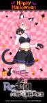 1girl animal_ear_fluff animal_ears belt black_footwear black_skirt breasts cat_ears cat_tail copyright_name dot_nose ear_bell english_text extra_ears hair_ornament hair_over_one_eye happy_halloween highres jack-o&#039;-lantern looking_at_viewer navel official_art orange_belt orange_thighhighs parted_lips paw_shoes pink_background pink_hair pink_ribbon puffy_short_sleeves puffy_sleeves purple_thighhighs ram_(re:zero) re:zero_kara_hajimeru_isekai_seikatsu ribbon see-through see-through_sleeves short_hair short_sleeves skirt small_breasts solo standing standing_on_one_leg striped striped_thighhighs tail thighhighs thighs x_hair_ornament 