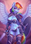  2023 absurd_res anthro armor bikini_armor blue_body blue_fur breasts chest_tuft cleavage clothed clothing dandy_(artist) equid equine eyebrows feathered_wings feathers female friendship_is_magic fur gauntlets glistening gloves hair handwear hasbro hi_res inner_ear_fluff long_hair looking_at_viewer mammal melee_weapon multicolored_hair multicolored_tail my_little_pony navel pegasus pink_eyes rainbow_dash_(mlp) rainbow_hair rainbow_tail shield shoulder_guards solo sword tail tuft unconvincing_armor weapon wings 