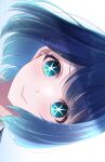  1girl artist_name blue_eyes blue_hair blush chromatic_aberration close-up closed_mouth commentary_request gradient_hair highres kurokawa_akane lens_flare light_blue_hair looking_at_viewer minamimio0527 multicolored_hair oshi_no_ko portrait shade sideways simple_background smile solo sparkle star-shaped_pupils star_(symbol) symbol-shaped_pupils twitter_username white_background 