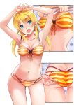  1girl :d adjusting_clothes armpits arms_up bare_arms bikini blue_eyes breasts cleavage collarbone cowboy_shot green_eyes hachimiya_meguru hair_ornament hairclip idolmaster large_breasts leaning_forward long_sleeves low_twintails multiple_views navel orange_bikini shiny_skin shiroyukimajima smile striped striped_bikini swimsuit twintails white_background 