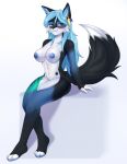  anthro belly_tattoo black_body blue_body blue_eyes blue_fur blue_hair blue_nipples blush blush_lines body_blush canid canine cheek_tuft ear_piercing facial_tuft female fluffy fluffy_tail fox fox_tail fur green_eyes green_tattoo hair hi_res inner_ear_fluff leg_tattoo looking_away mammal murfa nipples nude piercing pussy_blush smile solo tail tattoo tuft white_body white_fur 