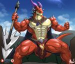  5_fingers abs anthro areola biceps bulge countershade_face countershade_neck countershade_torso countershading dragon fingers hi_res holding_object holding_weapon horn male masterelrest muscular muscular_anthro muscular_male nipples pecs red_body solo tail weapon 