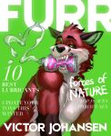  2022 anthro black_ears black_nose black_sclera canid canine character_name container_in_mouth cover deaddomovec english_text fox fur gloves_(marking) green_background green_eyes green_inner_ear green_tail_tip hi_res lube lube_container lube_tube magazine_cover male mammal markings playful red_body red_fur silly simple_background solo teeth text tube_in_mouth victor_johansen white_text 