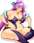  1girl arm_strap biting black_leotard black_thighhighs blue_hair breasts center_opening cleavage commission detached_collar fat hair_bun hand_on_own_hip hand_on_own_thigh large_breasts leotard lip_biting long_hair macross macross_delta mikumo_guynemer navel nervous pewbutt pink_eyes purple_hair single_hair_bun sitting solo thighhighs very_long_hair white_background 