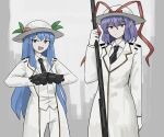  2girls :d alternate_costume black_gloves black_necktie blue_eyes blue_hair closed_mouth coat collared_shirt commentary commission english_commentary formal gloves highres hinanawi_tenshi long_hair looking_at_viewer mata_(matasoup) multiple_girls nagae_iku necktie open_mouth pants purple_hair shirt smile touhou white_coat white_gloves white_pants white_shirt 