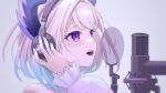  1girl blonde_hair blue_hair blue_nails enna_alouette enna_alouette_(2nd_costume) gradient_hair hand_on_headphones highres microphone_stand multicolored_hair nijisanji nijisanji_en open_mouth purple_eyes shima_(smsm2) short_hair solo virtual_youtuber 