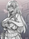  1girl bag breasts commentary_request greyscale heavy_breathing highres holding holding_bag index_finger_raised indoors large_breasts long_hair looking_at_viewer mask monochrome mouth_mask nipples original sketch sleeveless sleeveless_sweater solo_focus surgical_mask sweater takatsuki_ichi 