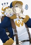  1boy ? ?? absurdres backpack bag bakushi_kn black_eyes blonde_hair blue_eyes commentary_request hair_over_one_eye hand_on_own_chin hand_on_own_hip highres long_sleeves male_focus on_shoulder pokemon pokemon_(creature) pokemon_(game) pokemon_legends:_arceus short_hair simple_background togepi volo_(pokemon) white_background 