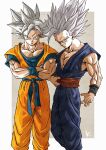  2boys blue_jumpsuit bracelet character_request crossed_arms dragon_ball highres jewelry jumpsuit kakeru_(dbskakeru) looking_at_viewer multiple_boys muscular muscular_male orange_jumpsuit red_eyes simple_background spiked_hair teeth toriyama_akira_(style) white_eyes 