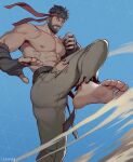  1boy abs ass bara barefoot beard bulge facial_hair feet fingerless_gloves foot_out_of_frame foot_up from_below gloves headband highres incoming_kick large_pectorals looking_at_viewer luxarian male_focus mature_male muscular muscular_male navel nipples pants pectorals red_headband ryu_(street_fighter) short_hair soles solo stomach street_fighter street_fighter_6 thick_eyebrows thick_mustache toes topless_male torn_clothes torn_pants wind 