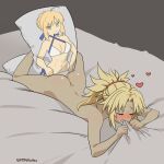  1girl abs absurdres ahoge artoria_pendragon_(fate) artoria_pendragon_(swimsuit_archer)_(fate) artoria_pendragon_(swimsuit_archer)_(first_ascension)_(fate) ass bikini blonde_hair blush breasts cleavage completely_nude dakimakura_(object) fate/apocrypha fate/grand_order fate_(series) female_masturbation hands_on_own_hips heart highres masturbation mordred_(fate) myahogao nude pillow saber sheet_bite sheet_grab solo sweat swimsuit tan yuri 