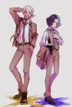 2boys ;d amai_choco amethio_(pokemon) belt belt_buckle boots brown_footwear brown_jacket brown_pants brown_vest buckle closed_mouth collared_shirt commentary_request friede_(pokemon) highres holding jacket jacket_removed looking_at_viewer male_focus multicolored_hair multiple_boys necktie one_eye_closed open_clothes open_jacket open_mouth pants pokemon pokemon_(anime) pokemon_horizons school_uniform shirt short_hair smile standing two-tone_hair vest 