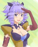  1girl :d breasts cleavage drill_hair elbow_gloves elgala excel_saga gloves hair_between_eyes hair_intakes hand_up light_purple_hair medium_breasts open_mouth purple_eyes red_gloves shading_eyes short_hair smile solo upper_body zawabug 