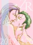  1boy 1girl blue_hair closed_eyes commentary dated earrings green_hair hug jewelry kiss long_hair lowres nico_robin one_piece pink_background roronoa_zoro scar scar_across_eye short_hair sideburns simple_background smile tamago_(tamago009003) 