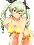  1girl absurdres anchovy_(girls_und_panzer) aono3 bikini black_ribbon breasts cleavage closed_mouth cowboy_shot drill_hair frown girls_und_panzer green_hair hair_ribbon half-closed_eye hand_on_own_hip head_tilt highres long_hair looking_at_viewer medium_breasts navel red_eyes ribbon side-tie_bikini_bottom simple_background solo standing sweatdrop swimsuit twin_drills twintails white_background yellow_bikini 