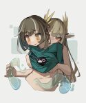  2girls @_@ absurdres arknights bird blush brown_hair clothes_lift gensou_yakyoku_(style) green_shirt grey_background highres lifted_by_another long_hair magallan_(arknights) muelsyse_(arknights) multiple_girls navel open_mouth penguin pointy_ears shirt shirt_lift short_hair short_sleeves simple_background stomach t-shirt tentacles togekk0 upper_body water yellow_eyes yuri 