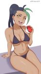  1girl :d alternate_costume arm_support bikini black_hair breasts collarbone dark-skinned_female dark_skin eclyart eyelashes freckles green_hair hand_up highres holding holding_poke_ball long_hair looking_at_viewer mixed-language_commentary multicolored_hair navel nemona_(pokemon) open_mouth orange_eyes poke_ball poke_ball_(basic) pokemon pokemon_(game) pokemon_sv ponytail sitting smile solo swimsuit teeth thighs tongue two-tone_hair upper_teeth_only 