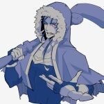  1boy absurdres collarbone cu_chulainn_(caster)_(fate) cu_chulainn_(fate) dangle_earrings earrings fate/grand_order fate_(series) fingerless_gloves fur-trimmed_hood fur_trim gloves grimace haruakira highres holding holding_staff hood hood_up jewelry long_hair looking_at_viewer male_focus monochrome one_eye_closed red_eyes simple_background solo spot_color staff upper_body white_background 