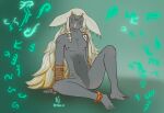  absurd_res anklet anthro armwear bedroom_eyes big_ears blush clothing fur grey_body grey_fur hair hi_res horn jewelry long_hair male narrowed_eyes nintendo niya_rou rauru_(tears_of_the_kingdom) seductive solo tears_of_the_kingdom the_legend_of_zelda zonai 