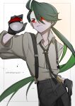  1girl absurdres black_gloves collarbone collared_shirt flat_chest gloves green_hair highres holding holding_poke_ball kodzukinagara long_sleeves low_ponytail poke_ball pokemon pokemon_(game) pokemon_sv red_eyes rika_(pokemon) shirt 