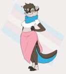  2023 anthro biped bottomwear breasts clothing countershading eyes_closed eyewear female glasses hand_on_hip hi_res lgbt_pride mammal mustelid otter pink_bottomwear pink_clothing plantigrade pride_colors solo topwear trans_(lore) trans_woman_(lore) transgender_pride_colors vanillayote whiskers white_clothing white_topwear 