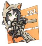  1girl animal_ears animal_hat bike_shorts black_hair black_shorts brown_footwear brown_gloves brown_headwear cat_ears cat_tail chibi commentary english_commentary fake_animal_ears gloves green_eyes grey_shirt gun hair_between_eyes hat holding holding_gun holding_weapon multicolored_hair original parted_lips shirt shorts solo srtdrawart suppressor tail two-tone_hair v-shaped_eyebrows weapon weapon_request white_hair 