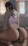  1girl absurdres ass barefoot black_hair black_panties blush cameltoe closed_mouth from_behind highres hood hoodie hyuuga_hinata kneeling long_hair looking_back naruto naruto_(series) naruto_shippuuden oroborus panties patreon_username solo thong underwear web_address white_eyes wooden_floor 