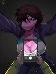  anthro big_breasts bottomwear breasts brown_hair camera cellphone cleavage clothed clothing deltarune denim denim_clothing disembodied_hand duo female first_person_view freckles green_clothing green_sweater green_topwear hair hi_res human jacket jeans kris_(deltarune) looking_at_viewer maimeetung male male/female mammal pants phone purple_body purple_clothing purple_jacket purple_skin purple_topwear reptile scalie sharp_teeth simple_background smartphone snout solo_focus susie_(deltarune) sweater taking_picture tan_body tan_skin teeth topwear undertale_(series) 