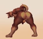  absurd_res angry anthro anus balls bent_over brown_body butt canid canine darkened_genitalia darkened_penis fluffy fur gasp genitals hands_behind_back hi_res male mammal muscular muscular_anthro muscular_male open_mouth pecs penis rear_view simple_background snaftfc solo spread_legs spreading standing tan_body tan_fur 