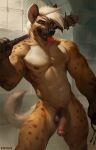  2023 anthro balls chunie detailed_background digital_media_(artwork) erection foreskin fur genitals gnoll hair hi_res humanoid_genitalia humanoid_penis hyena looking_at_viewer male mammal muscular muscular_male nipples nude penis smile solo spotted_hyena tongue tongue_out 